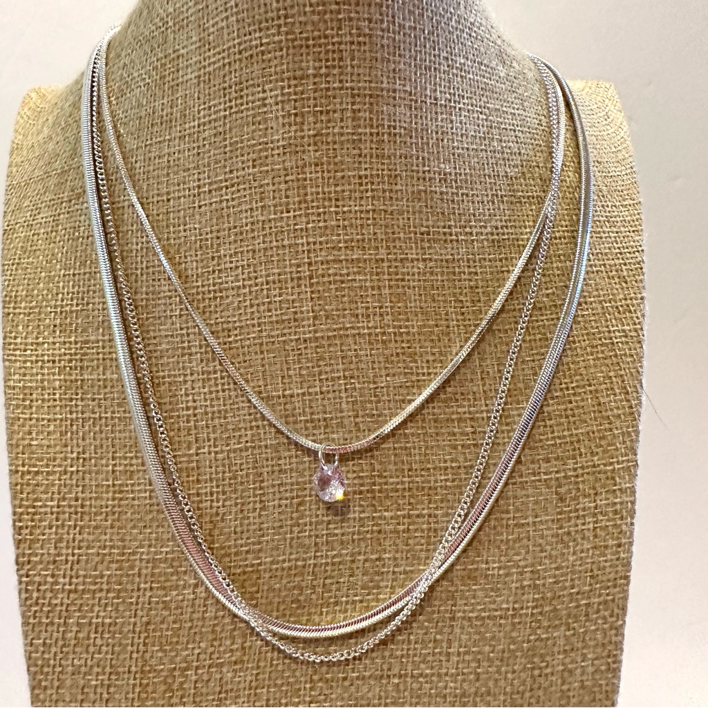 Nwt Fashion Accents Silver Tone Multi-Strand Necklace W/ Cubic Zirconia Pendant